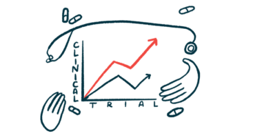 Hands, pills, and a stethoscope frame a graph showing positive clinical trial results.