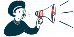 A woman speaks into a megaphone in this announcement illustration.