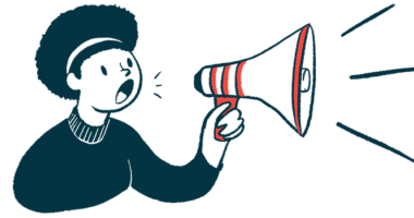 A woman speaks into a megaphone in this announcement illustration.