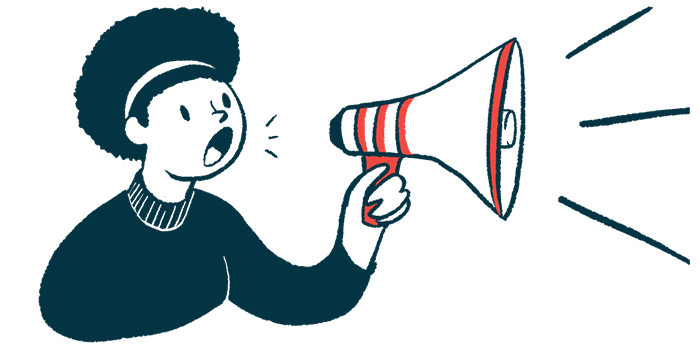 A woman speaks into a megaphone in this announcement illustration.