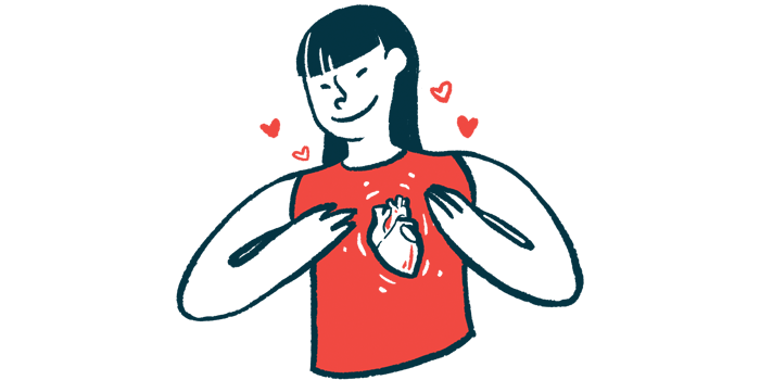 An illustration showing a woman smiling, and a heart pictured on her shirt.