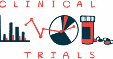An illustration of charts and a pill bottle, illustrating the results of a clinical trial.