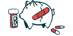 In this illustration representing healthcare costs, a crack in a piggy bank is covered by an adhesive bandage. The bank is flanked by a prescription bottle and a couple of pills.