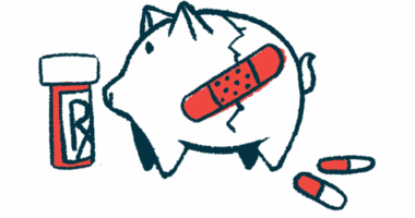 In this illustration representing healthcare costs, a crack in a piggy bank is covered by an adhesive bandage. The bank is flanked by a prescription bottle and a couple of pills.