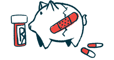 In this illustration representing healthcare costs, a crack in a piggy bank is covered by an adhesive bandage. The bank is flanked by a prescription bottle and a couple of pills.