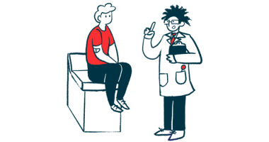 A doctor holds a clipboard and gestures while talking to patient who's seated on an examining table.