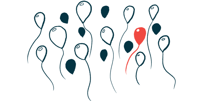 An illustration for a rare disease, showing one red balloon amid a bunch of white and black balloons.
