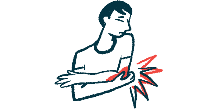 An illustration shows a person holding their elbow in pain.