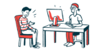 An illustration of a health professional working at a computer while a person seated alongside the desk speaks.
