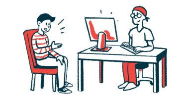 An illustration of a health professional working at a computer while a person seated alongside the desk speaks.