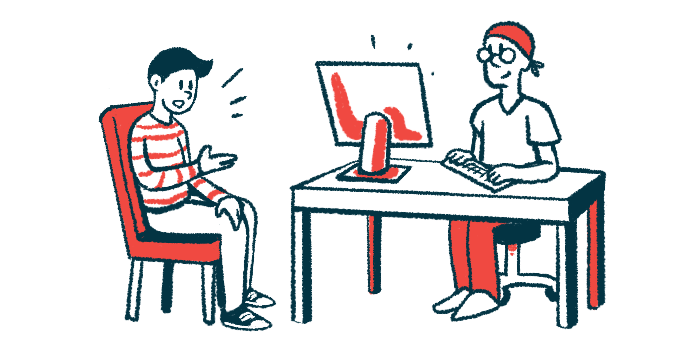 An illustration of a health professional working at a computer while a person seated alongside the desk speaks.