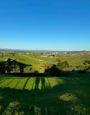 A photo taken from atop a hill shows lush green fields with scattered trees and houses. It appears to be a warm, sunny day, with the sky a cloudless blue. In the foreground we can see shadows of two people standing side by side, one of whom has presumably taken the picture.