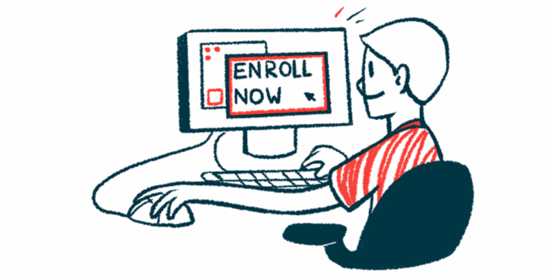 An illustration of a man sitting at a computer staring at the screen, which shows an internet page with the words "enroll now" on it.